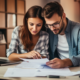 Young couple working together on budget at a desk with computer and financial papers, with a blurred background of shelves and folders.